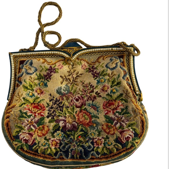 Vintage Petit Point Needlepoint Victorian Flowers Garden Purse Evening Bag - Picture 2 of 7